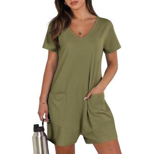 ANRABESS Rompers for Women Summer Casual Short Sleeve Jumpsuits V Neck Loose Fit One Piece Outfits with Pockets 2025 Clothes(Army Green)