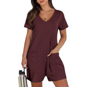 ANRABESS Rompers for Women Summer Casual Short Sleeve Jumpsuits V Neck Loose Fit One Piece Outfits with Pockets 2025 Clothes(Burgundy)