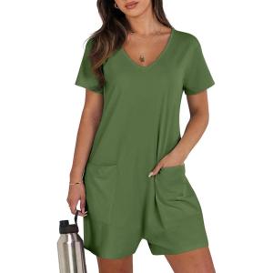 ANRABESS Rompers for Women Summer Casual Short Sleeve Jumpsuits V Neck Loose Fit One Piece Outfits with Pockets 2025 Clothes(Green)