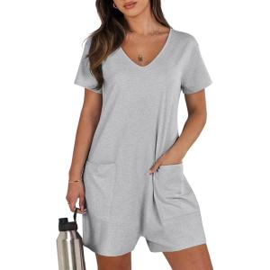 ANRABESS Rompers for Women Summer Casual Short Sleeve Jumpsuits V Neck Loose Fit One Piece Outfits with Pockets 2025 Clothes(Grey)