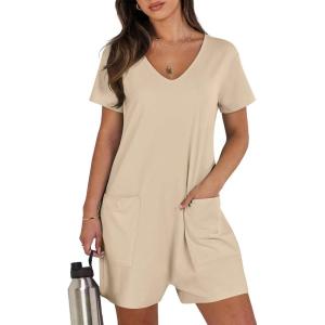 ANRABESS Rompers for Women Summer Casual Short Sleeve Jumpsuits V Neck Loose Fit One Piece Outfits with Pockets 2025 Clothes(Khaki)