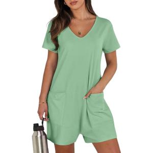 ANRABESS Rompers for Women Summer Casual Short Sleeve Jumpsuits V Neck Loose Fit One Piece Outfits with Pockets 2025 Clothes(Light Green)