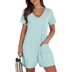 ANRABESS Rompers for Women Summer Casual Short Sleeve Jumpsuits V Neck Loose Fit One Piece Outfits with Pockets 2025 Clothes(Mint Green)