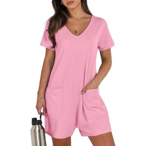 ANRABESS Rompers for Women Summer Casual Short Sleeve Jumpsuits V Neck Loose Fit One Piece Outfits with Pockets 2025 Clothes(Pink)