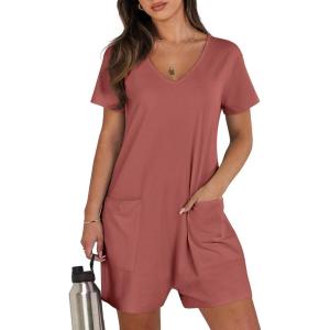 ANRABESS Rompers for Women Summer Casual Short Sleeve Jumpsuits V Neck Loose Fit One Piece Outfits with Pockets 2025 Clothes(Rust)