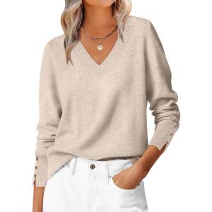 ANRABESS Sweaters for Women Long Sleeve V Neck Shirts Business Casual Work Blouses 2025 Fall Loose Knit Pullover Sweater Tops(Almond)