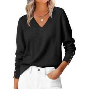 ANRABESS Sweaters for Women Long Sleeve V Neck Shirts Business Casual Work Blouses 2025 Fall Loose Knit Pullover Sweater Tops(Black)
