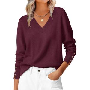 ANRABESS Sweaters for Women Long Sleeve V Neck Shirts Business Casual Work Blouses 2025 Fall Loose Knit Pullover Sweater Tops(Burgund)