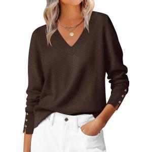ANRABESS Sweaters for Women Long Sleeve V Neck Shirts Business Casual Work Blouses 2025 Fall Loose Knit Pullover Sweater Tops(Coffee)