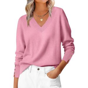 ANRABESS Sweaters for Women Long Sleeve V Neck Shirts Business Casual Work Blouses 2025 Fall Loose Knit Pullover Sweater Tops(Coral Pink)