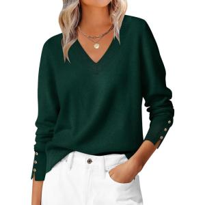 ANRABESS Sweaters for Women Long Sleeve V Neck Shirts Business Casual Work Blouses 2025 Fall Loose Knit Pullover Sweater Tops(Dark Green)