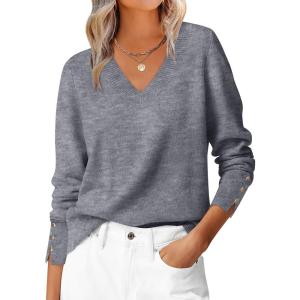 ANRABESS Sweaters for Women Long Sleeve V Neck Shirts Business Casual Work Blouses 2025 Fall Loose Knit Pullover Sweater Tops(Dark Grey)