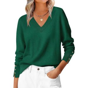 ANRABESS Sweaters for Women Long Sleeve V Neck Shirts Business Casual Work Blouses 2025 Fall Loose Knit Pullover Sweater Tops(Forest Green)