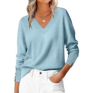 ANRABESS Sweaters for Women Long Sleeve V Neck Shirts Business Casual Work Blouses 2025 Fall Loose Knit Pullover Sweater Tops(Light Blue)