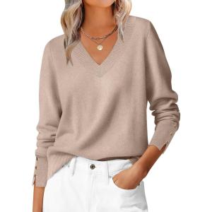 ANRABESS Sweaters for Women Long Sleeve V Neck Shirts Business Casual Work Blouses 2025 Fall Loose Knit Pullover Sweater Tops(Tan)