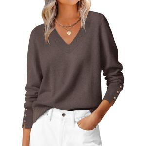 ANRABESS Sweaters for Women Long Sleeve V Neck Shirts Business Casual Work Blouses 2025 Fall Loose Knit Pullover Sweater Tops(Taupe)
