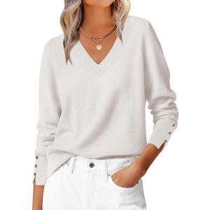 ANRABESS Sweaters for Women Long Sleeve V Neck Shirts Business Casual Work Blouses 2025 Fall Loose Knit Pullover Sweater Tops(White)