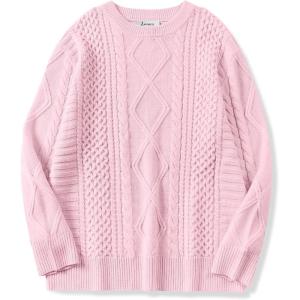 ANRABESS Sweaters for Women Oversized Cable Knit Fall Long Sleeve Crewneck Casual Pullover Sweater Tops 2025 Winter Outfits(Light Pink)