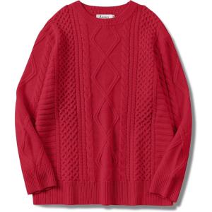 ANRABESS Sweaters for Women Oversized Cable Knit Fall Long Sleeve Crewneck Casual Pullover Sweater Tops 2025 Winter Outfits(Red)