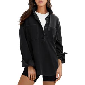 ANRABESS Sweatshirt for Women Oversized Casual Long Sleeve Side Slit Button Lapel Polo Pullover Tunic Tops 2025 Fall Outfits(Black)