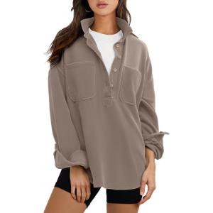 ANRABESS Sweatshirt for Women Oversized Casual Long Sleeve Side Slit Button Lapel Polo Pullover Tunic Tops 2025 Fall Outfits(Dark Khaki)