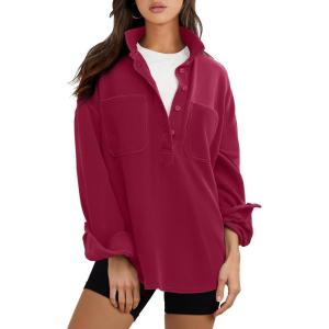 ANRABESS Sweatshirt for Women Oversized Casual Long Sleeve Side Slit Button Lapel Polo Pullover Tunic Tops 2025 Fall Outfits(Dark Red)