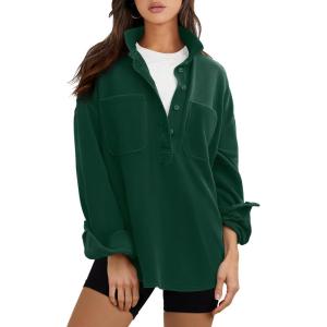 ANRABESS Sweatshirt for Women Oversized Casual Long Sleeve Side Slit Button Lapel Polo Pullover Tunic Tops 2025 Fall Outfits(Forest Green)