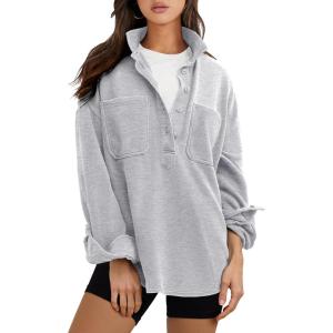 ANRABESS Sweatshirt for Women Oversized Casual Long Sleeve Side Slit Button Lapel Polo Pullover Tunic Tops 2025 Fall Outfits(Grey)