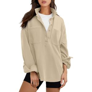 ANRABESS Sweatshirt for Women Oversized Casual Long Sleeve Side Slit Button Lapel Polo Pullover Tunic Tops 2025 Fall Outfits(Khaki)