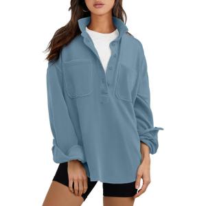 ANRABESS Sweatshirt for Women Oversized Casual Long Sleeve Side Slit Button Lapel Polo Pullover Tunic Tops 2025 Fall Outfits(Light Blue)