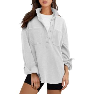 ANRABESS Sweatshirt for Women Oversized Casual Long Sleeve Side Slit Button Lapel Polo Pullover Tunic Tops 2025 Fall Outfits(Light Grey)
