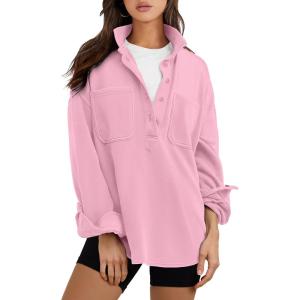 ANRABESS Sweatshirt for Women Oversized Casual Long Sleeve Side Slit Button Lapel Polo Pullover Tunic Tops 2025 Fall Outfits(Pink)