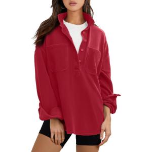 ANRABESS Sweatshirt for Women Oversized Casual Long Sleeve Side Slit Button Lapel Polo Pullover Tunic Tops 2025 Fall Outfits(Red)