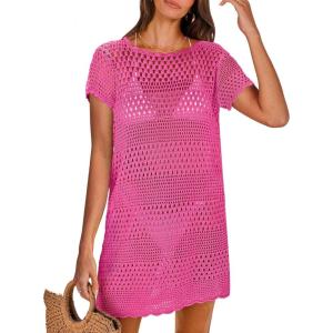 ANRABESS Swimsuit Cover Up for Women 2025 Crochet Bathing Suit Swimwear Mesh Knit Beach Dress Summer Vacation Outfit Clothes(Hot Pink)