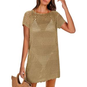 ANRABESS Swimsuit Cover Up for Women 2025 Crochet Bathing Suit Swimwear Mesh Knit Beach Dress Summer Vacation Outfit Clothes(Khaki)