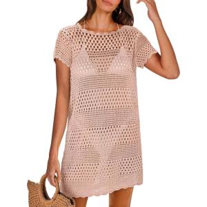 ANRABESS Swimsuit Cover Up for Women 2025 Crochet Bathing Suit Swimwear Mesh Knit Beach Dress Summer Vacation Outfit Clothes(Light Pink)