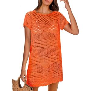 ANRABESS Swimsuit Cover Up for Women 2025 Crochet Bathing Suit Swimwear Mesh Knit Beach Dress Summer Vacation Outfit Clothes(Orange)
