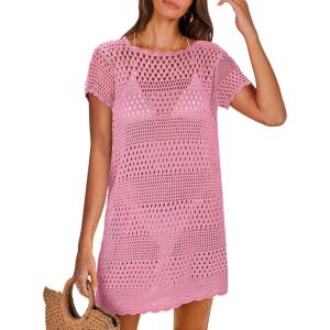 ANRABESS Swimsuit Cover Up for Women 2025 Crochet Bathing Suit Swimwear Mesh Knit Beach Dress Summer Vacation Outfit Clothes(Pink)