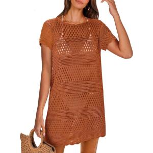 ANRABESS Swimsuit Cover Up for Women 2025 Crochet Bathing Suit Swimwear Mesh Knit Beach Dress Summer Vacation Outfit Clothes(Rust)