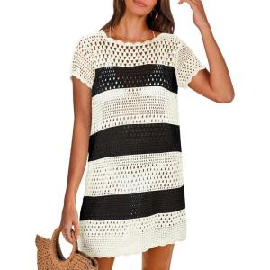 ANRABESS Swimsuit Cover Up for Women 2025 Crochet Bathing Suit Swimwear Mesh Knit Beach Dress Summer Vacation Outfit Clothes(Stripe Black White)