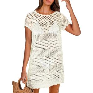 ANRABESS Swimsuit Cover Up for Women 2025 Crochet Bathing Suit Swimwear Mesh Knit Beach Dress Summer Vacation Outfit Clothes(White)