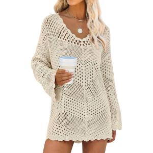 ANRABESS Swimsuit Cover Up for Women Crochet Bathing Suit 2026 Summer Swimwear V Neck Mesh Knit Beach Dress Vacation Outfits(Beige)