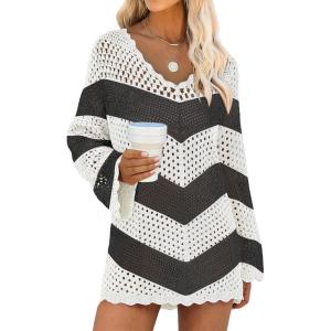 ANRABESS Swimsuit Cover Up for Women Crochet Bathing Suit 2026 Summer Swimwear V Neck Mesh Knit Beach Dress Vacation Outfits(Chevron Black White Stripes)