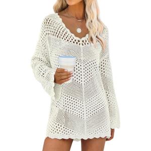 ANRABESS Swimsuit Cover Up for Women Crochet Bathing Suit 2026 Summer Swimwear V Neck Mesh Knit Beach Dress Vacation Outfits(Cream White)