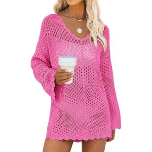 ANRABESS Swimsuit Cover Up for Women Crochet Bathing Suit 2026 Summer Swimwear V Neck Mesh Knit Beach Dress Vacation Outfits(Hot Pink)
