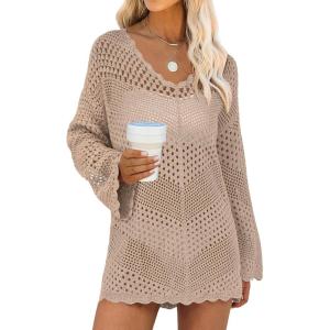 ANRABESS Swimsuit Cover Up for Women Crochet Bathing Suit 2026 Summer Swimwear V Neck Mesh Knit Beach Dress Vacation Outfits(Khaki)
