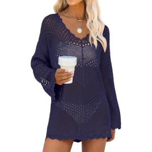 ANRABESS Swimsuit Cover Up for Women Crochet Bathing Suit 2026 Summer Swimwear V Neck Mesh Knit Beach Dress Vacation Outfits(Navy Blue)
