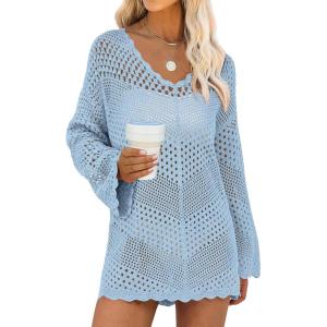 ANRABESS Swimsuit Cover Up for Women Crochet Bathing Suit 2026 Summer Swimwear V Neck Mesh Knit Beach Dress Vacation Outfits(Sky)