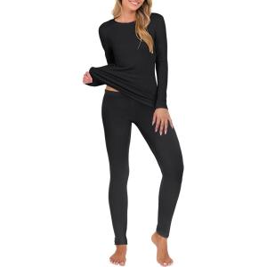 ANRABESS Thermal Underwear for Women Long Johns Fleece Lined Base Layer Pajama Set Cold Weather Top Bottom Winter Clothing(Black)