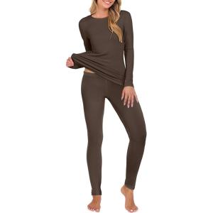 ANRABESS Thermal Underwear for Women Long Johns Fleece Lined Base Layer Pajama Set Cold Weather Top Bottom Winter Clothing(Dark Brown)